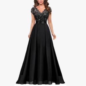 Women's Elegant V-Neck Cap Sleeve Sequined Floral Lace Formal Party Maxi Dress